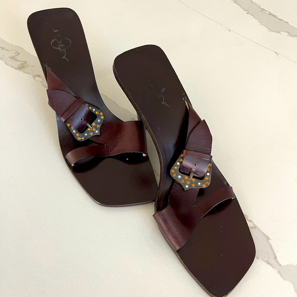Joey Leather Swarovski Orange and pearls set into buckles on soft leather sandal